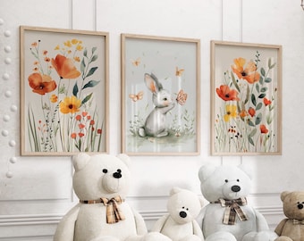 3 Piece Set Bunny with Butterflies Nursery Art Print or Canvas, Nursery Wildlife Wall Art, Wildflower Animal Print, Cute Watercolor Rabbit