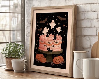 Whimsigoth Pink Cake Wall Art Poster or Canvas Print, Ghost and Black Cat Cute Halloween Poster, Bats and Pumpkins Cute Kids Spooky Decor