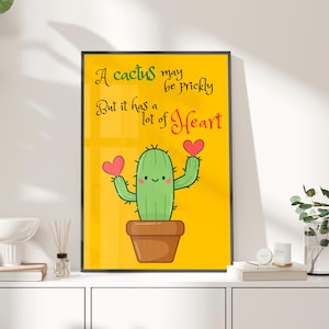 Cute Retro and Lively Cactus with Lovely Quote Wall Art Print or Canvas, Aesthetic Plant Typography Motivational Botanical Wall Poster Decor