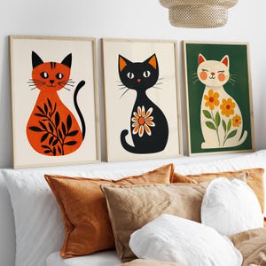 Henri Matisse-Inspired Floral Cats Boho Style Art Set of 3 Poster or Canvas Print, Minimalist Cat Print, Boho Cats Illustration, Kitten Art