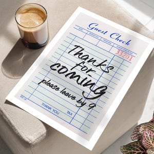Guest Check Thanks for Coming Wall Art Poster or Canvas Print, Girl Dinner Print, Retro Guest Check Typography Wall Art, Kitchen Wall Decor