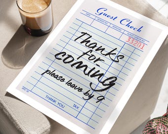 Guest Check Thanks for Coming Wall Art Poster or Canvas Print, Girl Dinner Print, Retro Guest Check Typography Wall Art, Kitchen Wall Decor