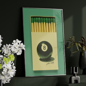 Lucky 8 Ball Print Vintage Matchbox Poster or Canvas Print, Sage Green Wall Art, Retro Southwestern Decor, Trendy Vintage Matchbook Poster
