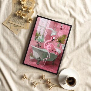 May include: A pink flamingo with a white towel on its head is taking a bath in a white bathtub with green water. The bathroom is pink with white tiles and a window in the background.