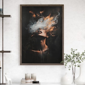 Mysterious Woman Portrait Dark Oil Painting Poster or Canvas Print, Moody Gothic Decor, Edgy Smoke Art, Dark Academia Elegant Surreal Poster