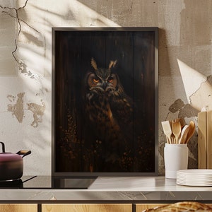 Owl Painting Rustic Dark Academia Wall Art Canvas or Poster Print, Vintage Realistic Gothic Woodland Bird Portrait, Dark Owl Oil Painting
