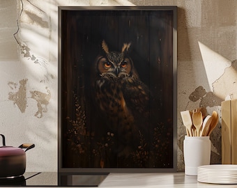 Owl Painting Rustic Dark Academia Wall Art Canvas or Poster Print, Vintage Realistic Gothic Woodland Bird Portrait, Dark Owl Oil Painting