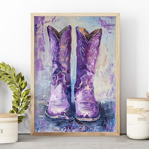Paarse cowgirl laarzen olieverfschilderij of canvas, kust paarse laarzen kunst, western boho girly kinderkamer, vintage western paarse zuidelijke meisjeskunst