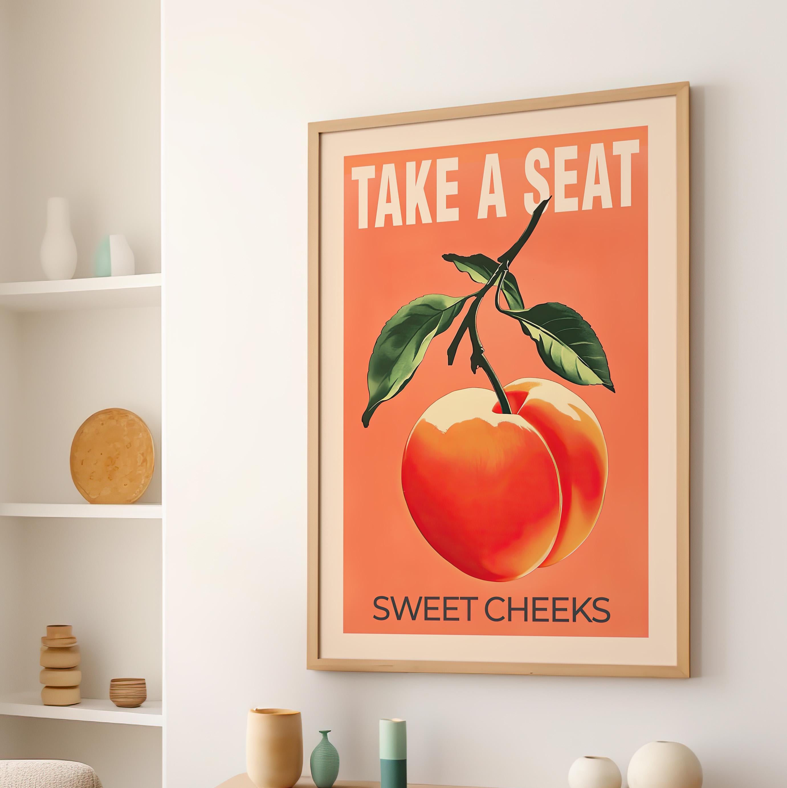 Take a Seat Sweet Cheeks Funny Retro Typography Wall Art Poster or Canvas Print, Funny Peach Art Print, Funny Bathroom Decor, Nice Bum Art