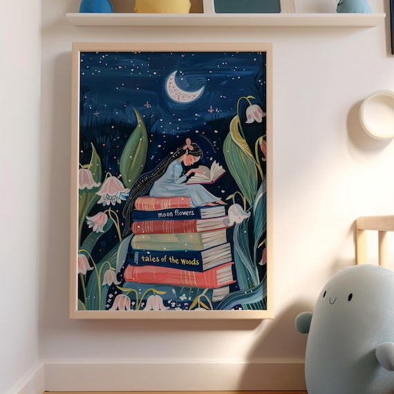 Woman Reading Book Art Print, Woman on the Top of Books Poster or Canvas Print, Ethereal Whimsical Wall Art, Starry Night Sky Floral Art