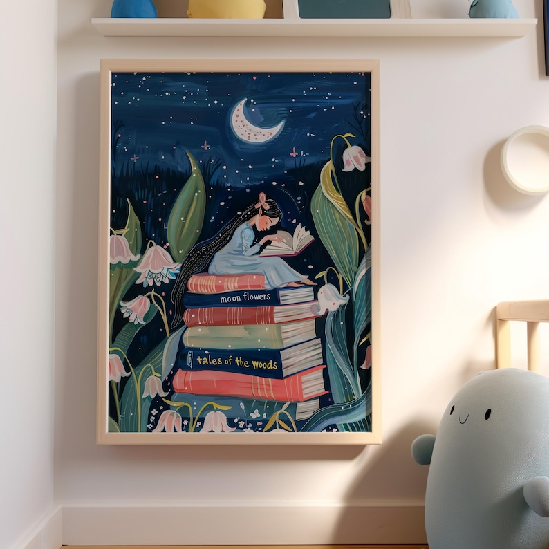 May include: A girl sits on a stack of books reading under a crescent moon. The books are titled "moon flowers" and "tales of the woods". The illustration is set against a dark blue starry night sky.