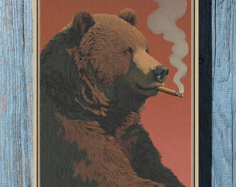 cigarette bears Brown Bear Smoking Cigarette Vintage Poster Print or Canvas, Funny Retro  Hunting Art, Cabin Wall Decor, Hunter Outdoors Print, Gift for Dad