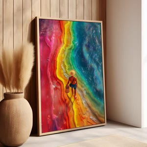 Rainbow Beach Wall Art Poster or Canvas Print, Colorful Water Waves Art Print, Abstract Colorful Beach Coastal Art, Rainbow Ocean Waves Art