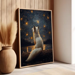 White Fox Sitting on a Log Stargazing Van Gogh Inspired Starry Night Sky Oil Painting Poster or Canvas, Abstract Sky Wild Animal Wall Art
