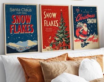 Retro Snowy Christmas Wall Art Set of 3 Poster or Canvas Print, Vintage Magazine Cover Poster, Winter Holiday Wall Art, Festive Home Decor