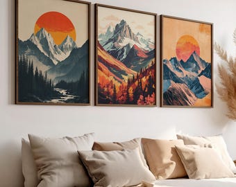 Moutains Sunset Prints Set or 3 Wall Art Poster or Canvas Prints, Abstract Mountain Landscape, Snow-capped Peaks Colorful Nature Wall Art