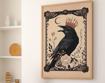 Crowned Raven Norse Mystical Folk Art Illustration Poster or Canvas Print, Floral Botanical Print, Vintage Raven Wall Art, Dark Academia Art
