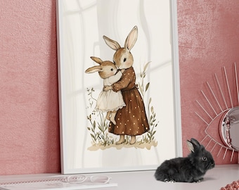 Mommy and Me Bunny Wall Art Poster or Canvas Print, Kids Bunny Wall Art Baby Girl Room Decor, Woodland Animal Art, Rabbit Nursery Wall Art