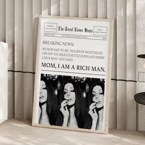 Mom I Am A Rich Man Print Trendy Newspaper Poster or Canvas Print, Feminist Wall Art, New York Times News Print, Retro Bar Cart Woman Poster