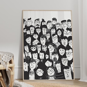 Puede incluir: Ilustración en blanco y negro de una multitud de personas con diferentes peinados y expresiones faciales. Las personas están dibujadas en un estilo simple y de dibujos animados.