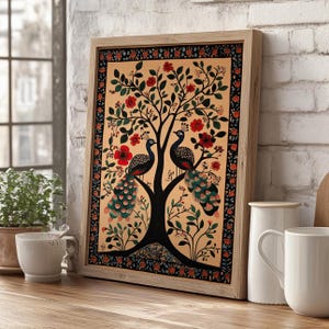 Indian Peacocks in a Tree Floral Gond Painting Poster or Canvas Print, Traditional Madhubani Artwork, Beige Indian Folk Art Nature Decor