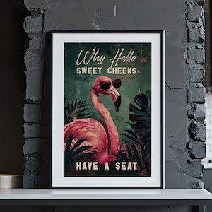 Pink Flamingo Wall Art Poster or Canvas Print, Bathroom Print, Funny Toilet Sign, Botanical Animal Vintage Print, Retro Flamingo Poster