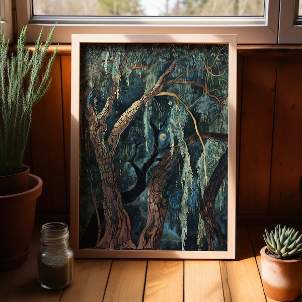 Weeping Willow William Morris Wall Art Print, Vintage Floral Gift For Her Passion in Cottagecore Dark Academia Decor, Mid Century Botanical