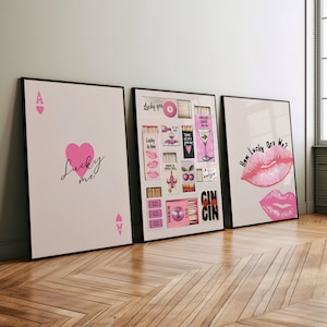 Pink Retro Trendy Wall Art 3 Piece Set Prints Poster or Canvas, Lucky Me Ace of Hearts, Matchbox How Lucky We Are Pink Kiss Marks Art Print