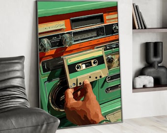 Retro 90s Cassette Player Wall Art Poster or Canvas Print, Vintage Radio Print, Nostalgic Pop Art, Retro Orange Green Beige Vector Decor