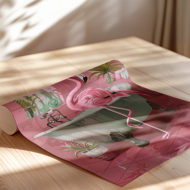May include: A pink flamingo stands in a green bathtub with a white faucet. The bathtub is surrounded by pink tiles and green plants. The flamingo is in a bathroom setting.
