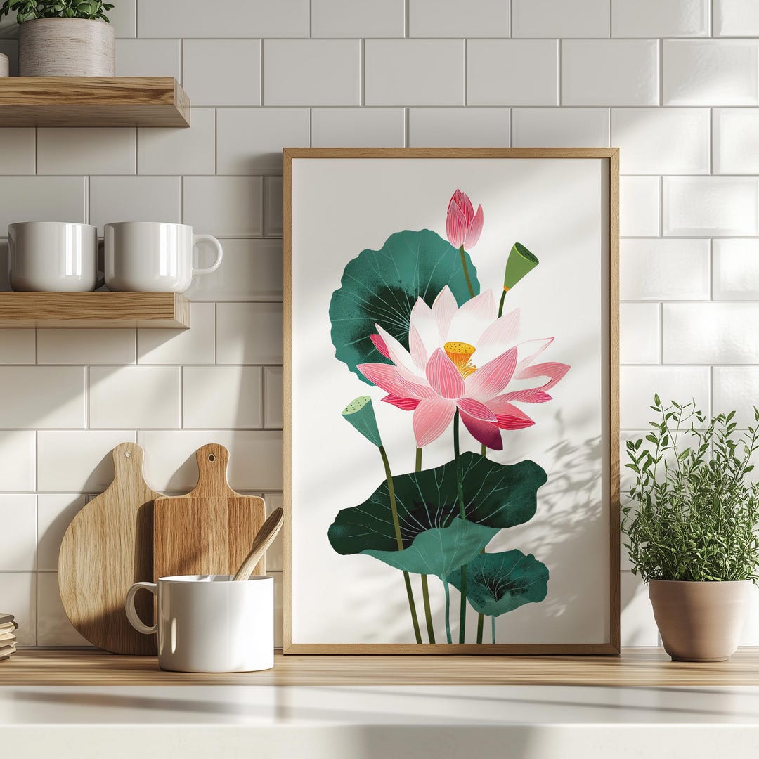 Pink Lotus Midcentury Modern Wall Art Poster or Canvas Print, Zen ...