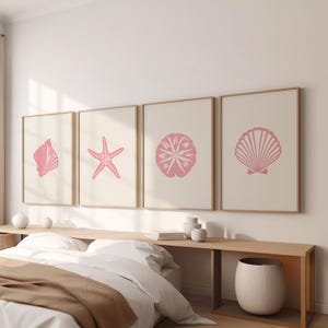 Seashell Pastel Pink Art Set of 4 Coastal Nursery Wall Art Poster or Canvas Print, Watercolor Conch Sanddollar and Starfish Collection