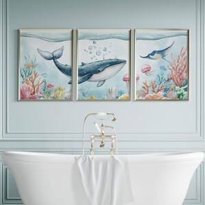 Whimsical Whale Underwater Nursery Wall Art Poster or Canvas Print, Ocean Nursery Set of 3 Prints Sea Animal Wall Art, Aquatic Wall Decor