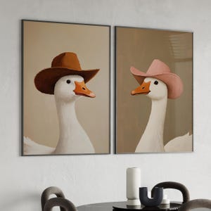 Silly Goose and Duck Set of 2 Wall Art Poster or Canvas Print, Vintage Animal Portrait, Farm Animal Art Prints, Coquette Nursery Room Decor