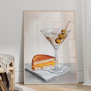 Grilled Cheese Sandwich and Martini Oil Painting Poster or Canvas Print, Minimalist Food Art, Girl Dinner Art, Food Still Life Kitchen Decor