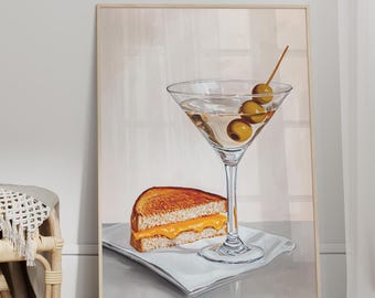 Grilled Cheese Sandwich and Martini Oil Painting Poster or Canvas Print, Minimalist Food Art, Girl Dinner Art, Food Still Life Kitchen Decor