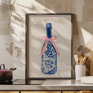 Chinoiseries Inspired Blue Champagne Bottle Poster or Canvas Print, Love Shack Fancy Wall Prints, Coquette Pink Bow, Trendy Minimalist Print