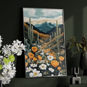 Serene Floral Desert Landscape Art Poster or Canvas Print, Cacti Orange Poppies White Flowers and Blue Mountains Tranquil Nature Scene Print