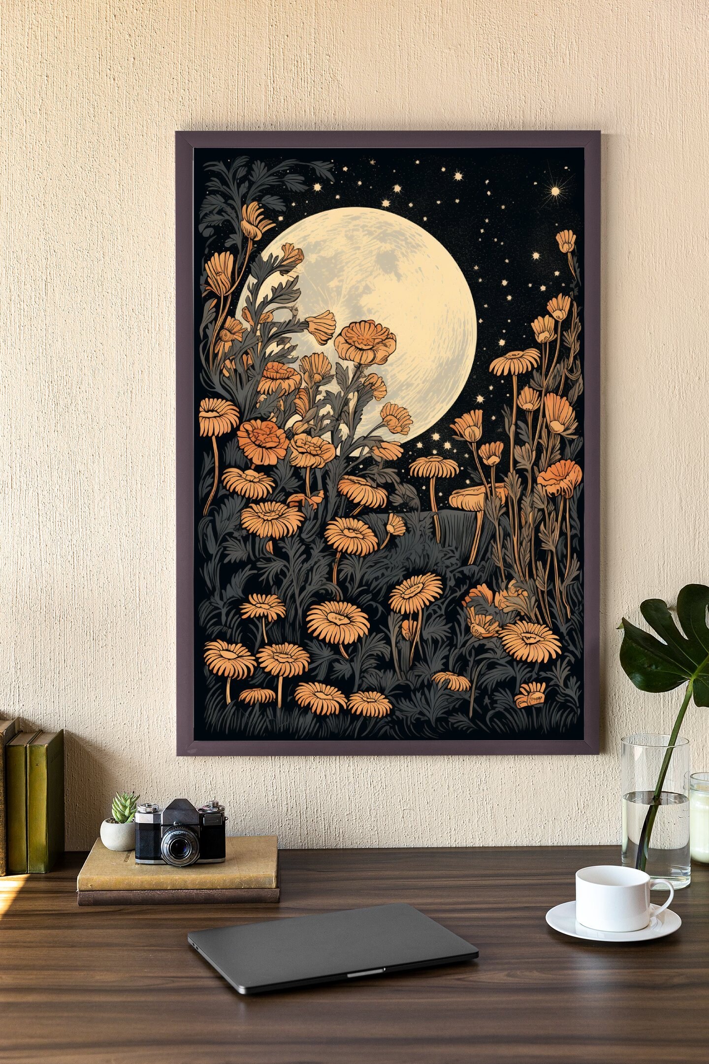 フラワー・ガーデニング moon Moon and Flowers Vintage Block Print Style Wall Art or Canvas