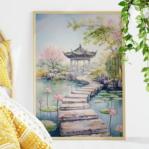 Ancient Chinese Pavilion on the Tranquil Lake with Lotus Flowers Watercolor Art Poster or Canvas Print, Serene Chinese Landscape Painting