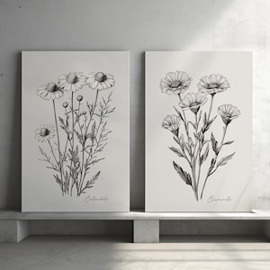 Vintage Minimalist Flowering Plants 2 Piece Set Wall Art Poster or Canvas Print, Floral Botanical Line Drawing, Gray Flowers Home Decor