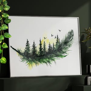 Feather Forest Watercolor Dark Green Wall Art Poster or Canvas Print, Abstract Forest Feather Botanical Art Print, Watercolor Feather Print