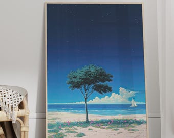 Tree on the Beach Art Blue Sky Coastal Wall Art Poster or Canvas Print, Vibrant Seascape Print, Blue Nature Art Print Peaceful Home Decor