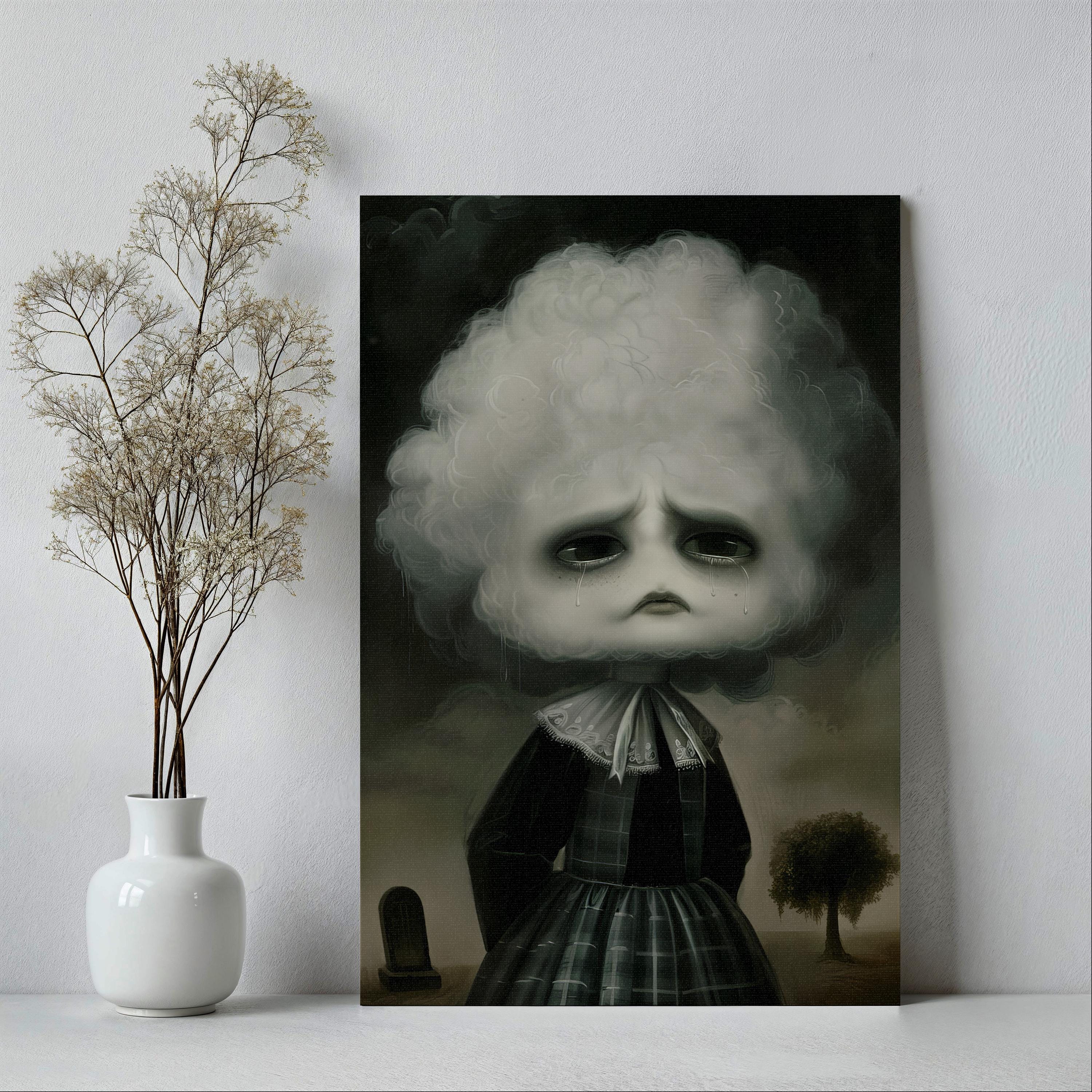 Sad Cloud Girl Art Print Poster or Canvas, Gothic Art Print, Victorian Moodie Art, Mourning Cloud Dark Art Cute Gothic Cloud Dark Academia