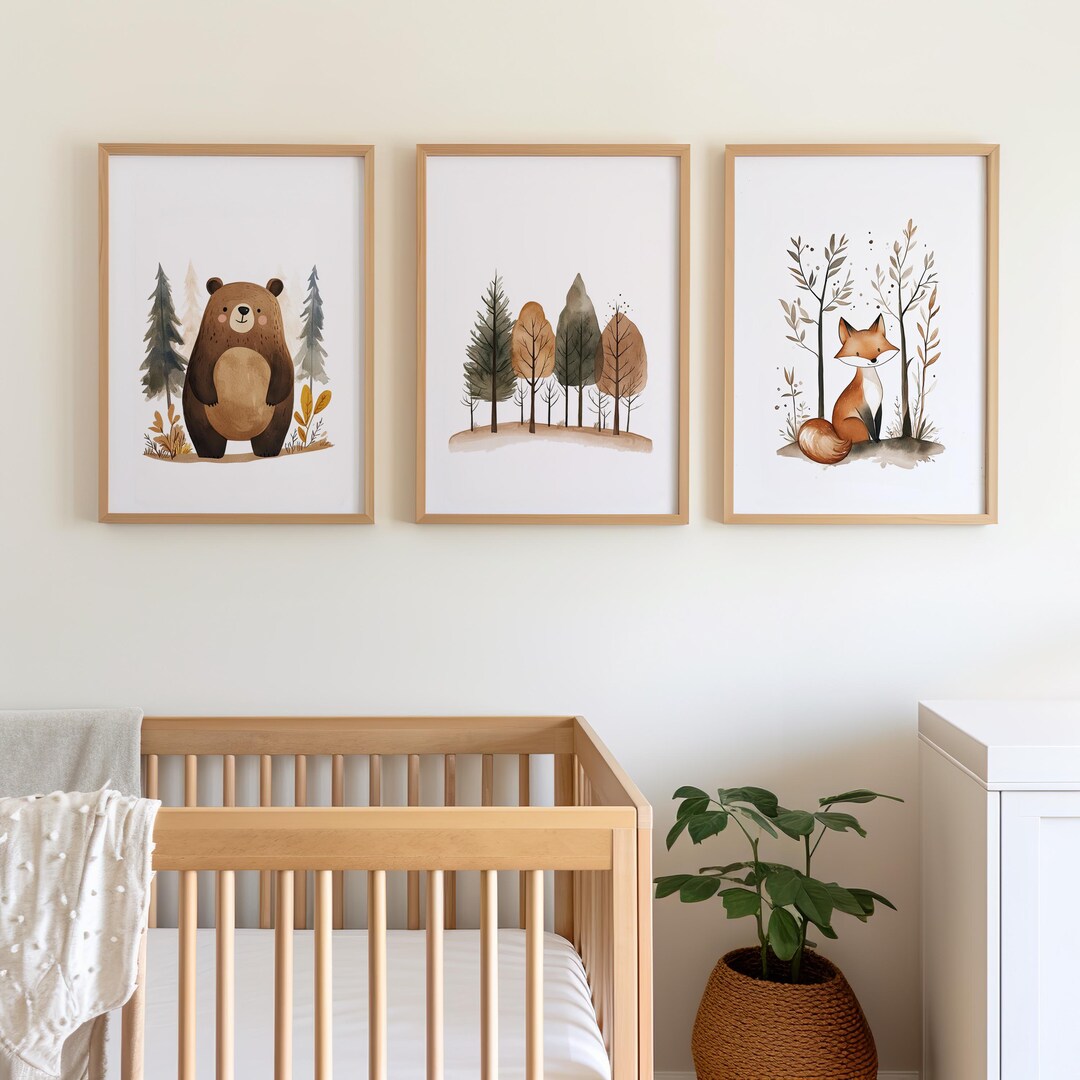 Cute Bear and Fox Woodland Themed Set of 3 Nursery Wall Art Poster or ...