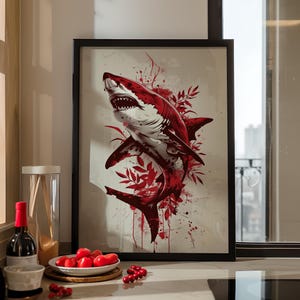 Red Shark Botanical Art Print Poster or Canvas, Ocean Animal Art, Whale Shark Wall Art, Sea Life Art Print, Shark Portrait Nautical Wall Art