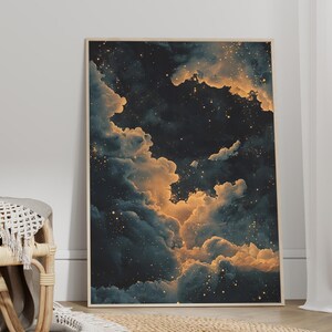 Ethereal Dark Night Sky Golden Clouds and Stars Celestial Landscape Poster or Canvas Print, Vintage Night Art, Whimsigoth Mystical Wall Art