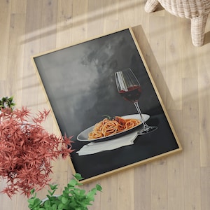 Spaghetti and Wine Realistic Painting Poster or Canvas Print, Cocktail Art Bar Cart Decor, Food Still Life Vintage Style Kitchen Wall Art