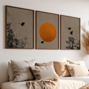 Orange Sun and Birds Japanese Set of 3 Wall Art Poster or Canvas Print, Flying Japanese Cranes Print, Triptych Silhouette Japandi Home Decor