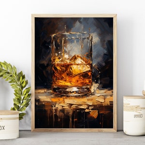 Oil Painting Style Vintage Whiskey Wall Art or Canvas, Bourbon Whiskey In Glass Print, Unique Man Cave Decor Perfect Gift For Whiskey Lovers